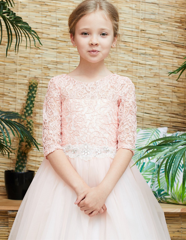 Blush Pink Lace Tulle Full Length Flower Girl Dress Party Dress