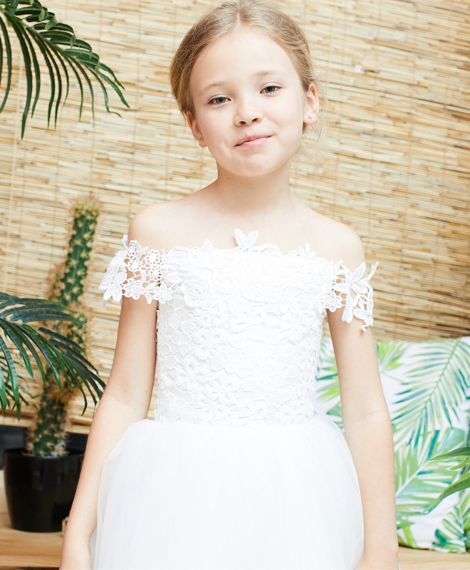 Ivory Lace Tulle Short Train Flower Girl Dress Party Dress