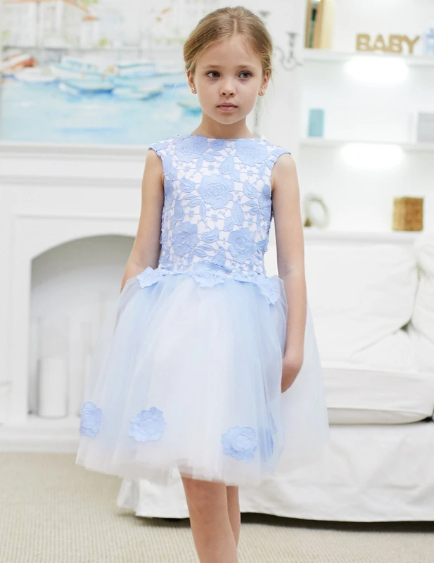 Blue Lace Tulle Knee Length Flower Girl Dress Party Dress