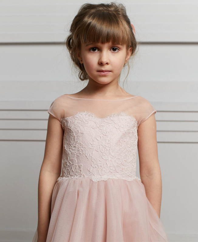 Pink Lace Organza Short Train Flower Girl Dress Party Dress