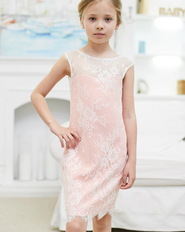 Two Pieces Pink Lace Chiffon Short Train Flower Girl Dress Party Dress