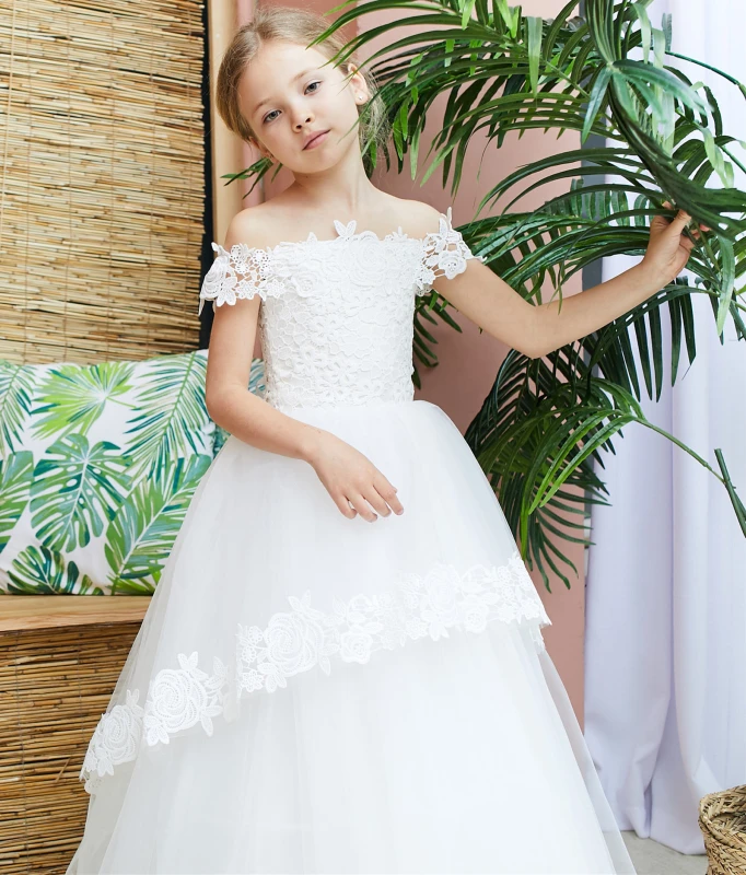 Ivory Lace Tulle Short Train Flower Girl Dress Party Dress