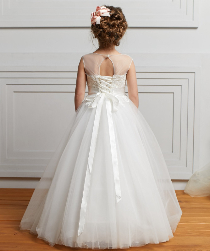 Ivory Lace Tulle Full Length Flower Girl Dress Party Dress