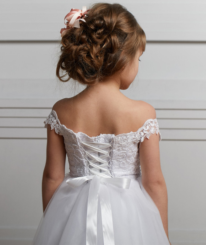 Ivory Lace Tulle Short Train Flower Girl Dress Party Dress