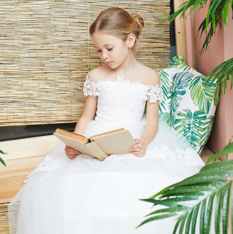 Ivory Lace Tulle Short Train Flower Girl Dress Party Dress