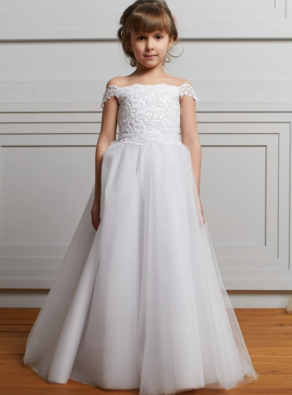 Ivory Lace Tulle Short Train Flower Girl Dress Party Dress