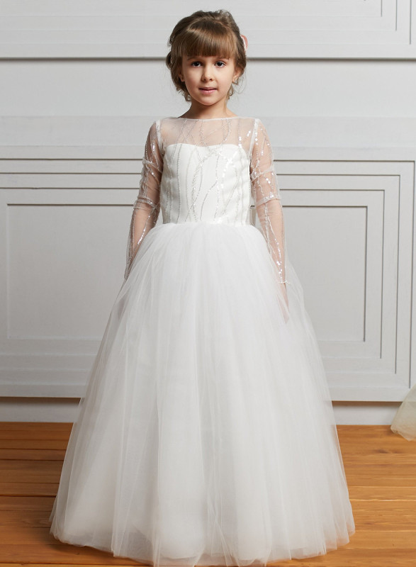 Ivory Sequin Tulle Full Length Flower Girl Dress Party Dress