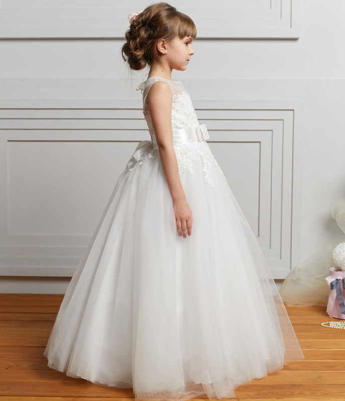 Ivory Lace Tulle Full Length Flower Girl Dress Party Dress