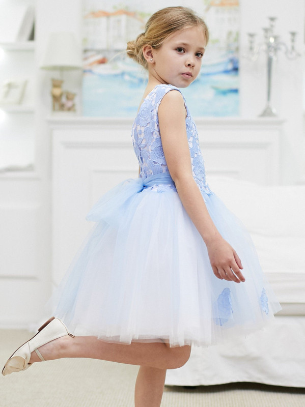 Blue Lace Tulle Knee Length Flower Girl Dress Party Dress