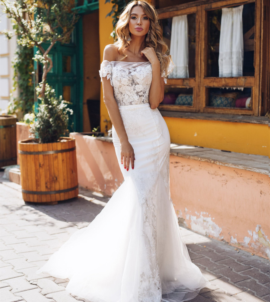 Off Shoulder Mermaid Ivory Satin Bridal Gown Wedding Dress