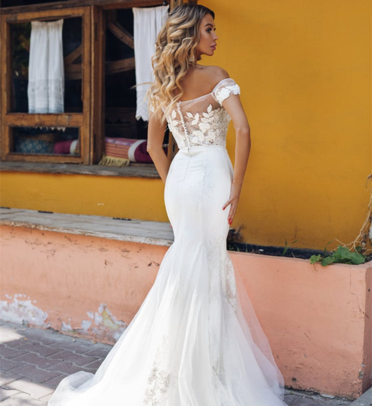 Off Shoulder Mermaid Ivory Satin Bridal Gown Wedding Dress