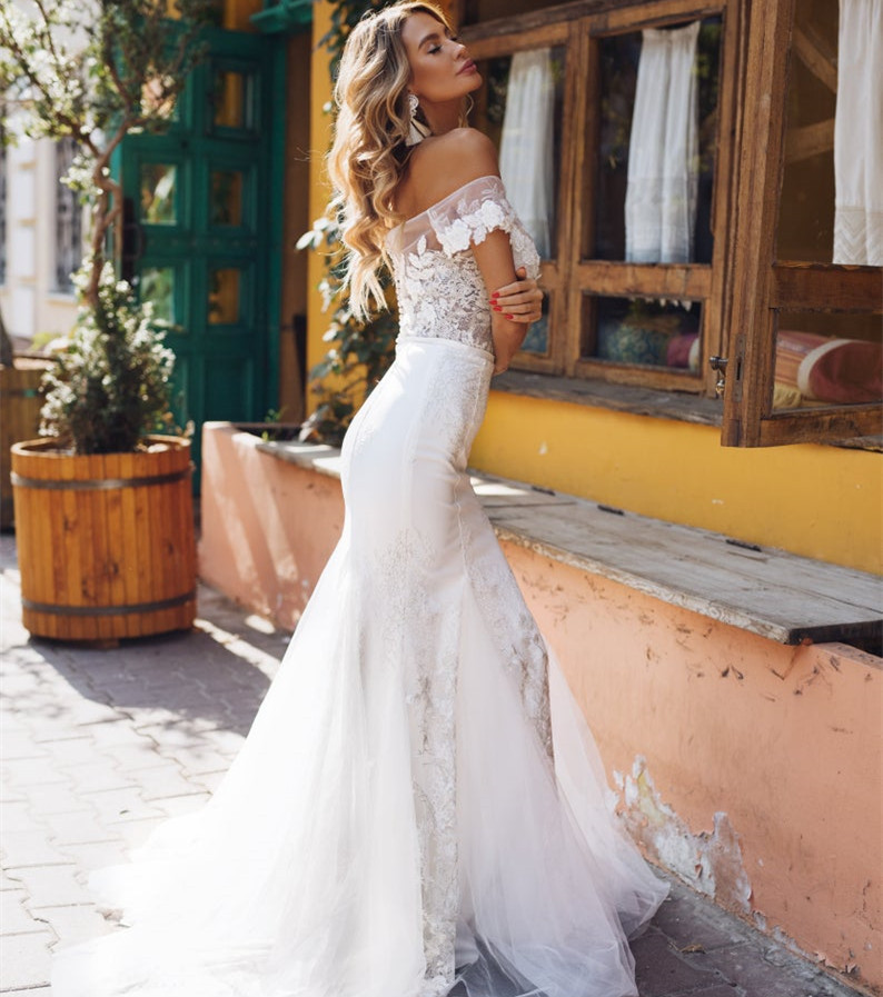 Off Shoulder Mermaid Ivory Satin Bridal Gown Wedding Dress