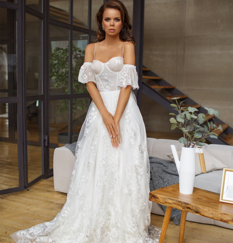 Printed Organza Short Train Bridal Gown Wedding Dress