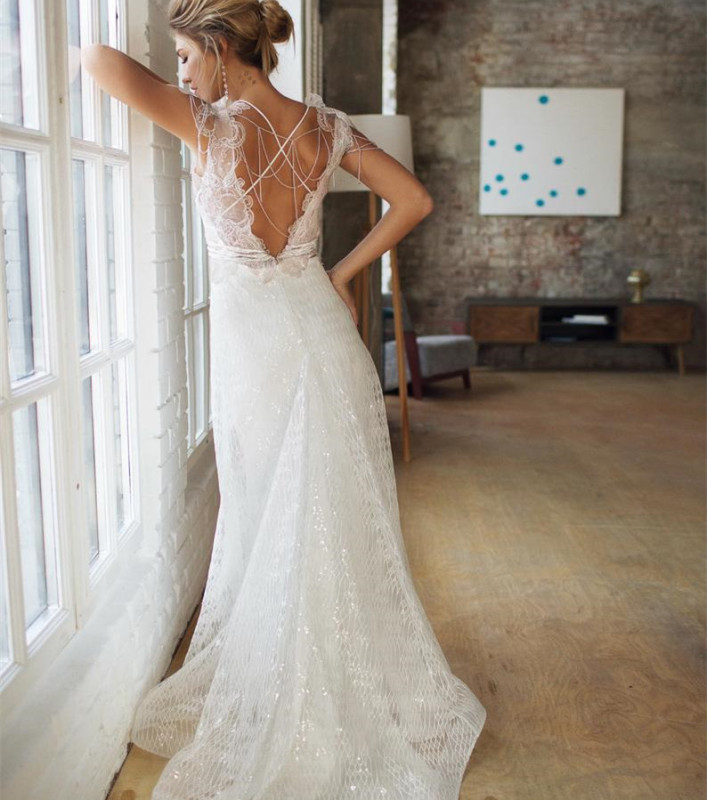 Ivory Lace Tulle Short Train Bridal Gown Wedding Dress