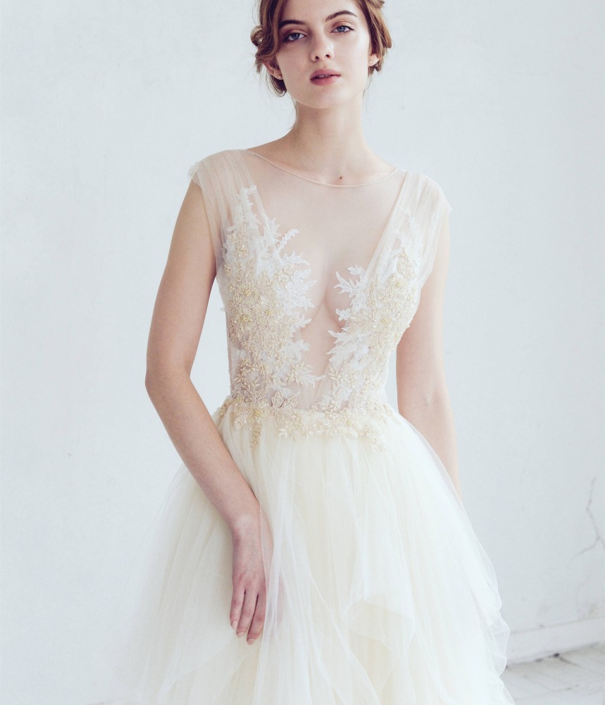 Light Champagne Lace Tulle Short Train Bridal Gown Wedding Dress