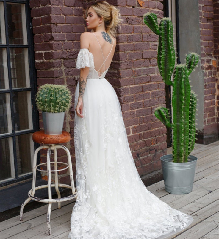 Printed Organza Short Train Bridal Gown Wedding Dress