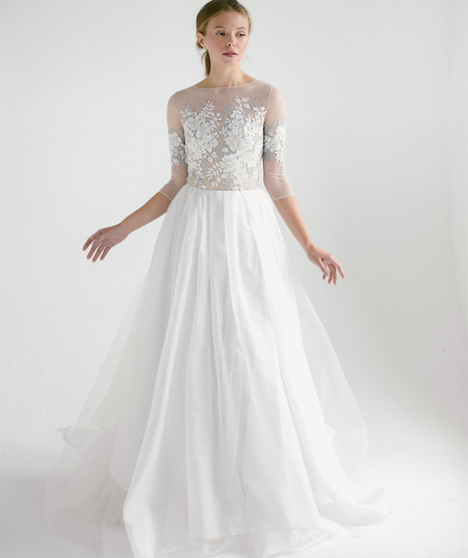 Half Sleeve Ivory Lace Chiffon Short Train Bridal Gown Wedding Dress