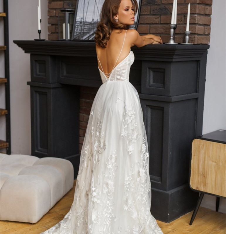 Printed Organza Short Train Bridal Gown Wedding Dress