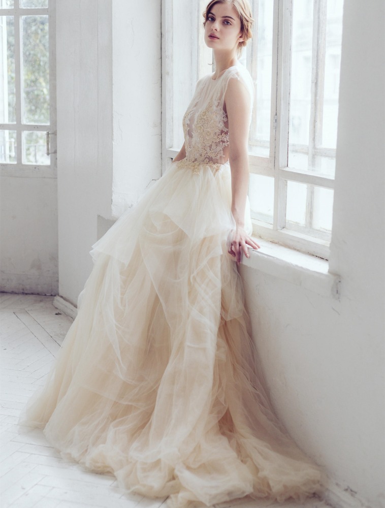Light Champagne Lace Tulle Short Train Bridal Gown Wedding Dress