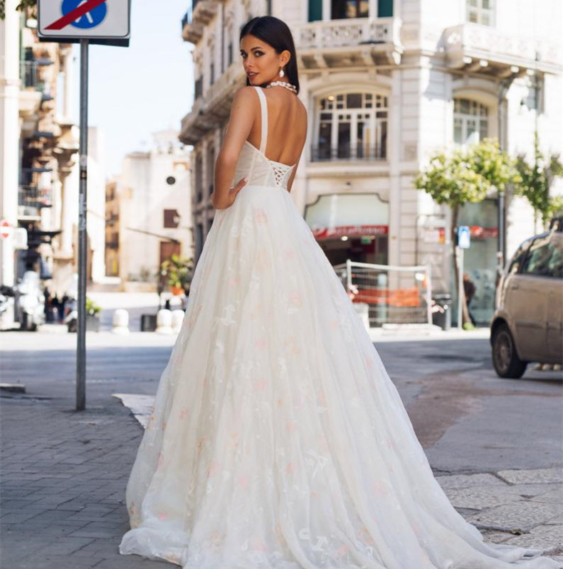 Printed Organza Short Train Bridal Gown Wedding Dress