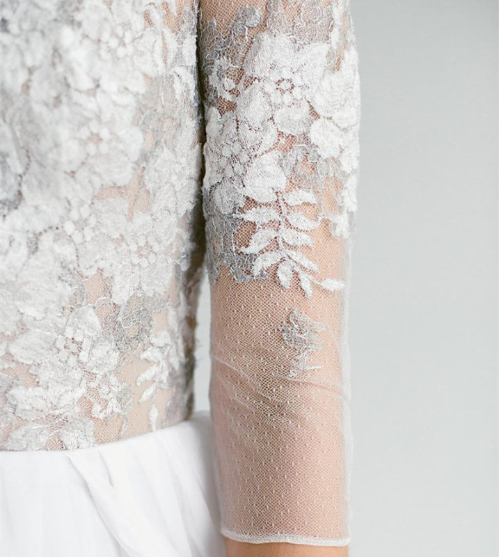 Half Sleeve Ivory Lace Chiffon Short Train Bridal Gown Wedding Dress