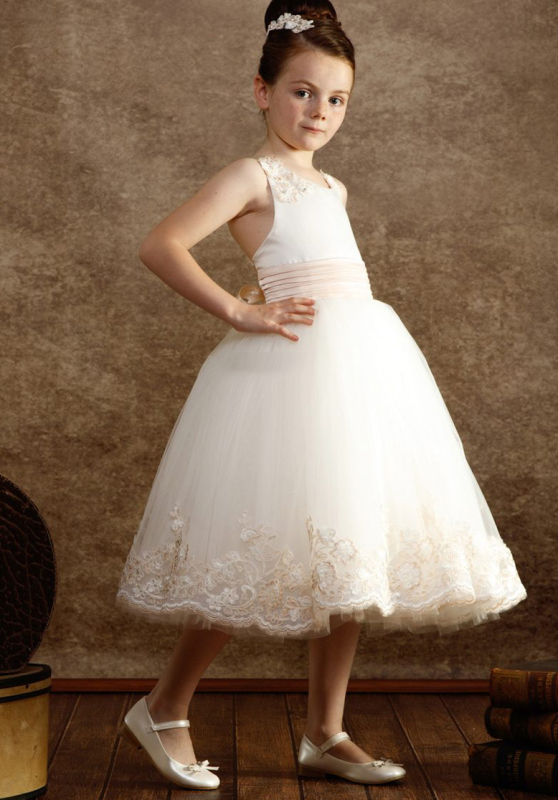 Ivory Tulle Tea Length Girls Pageant Dress Flower Girl Dress