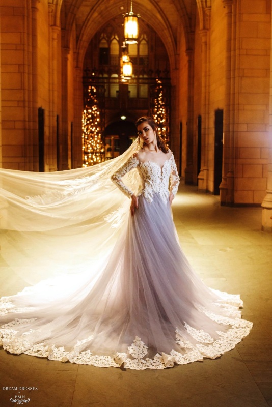 Mauve/Grey Blue  Long Train Wedding Dress Bridal Gown