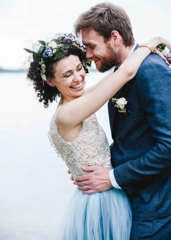 Grey Blue Ivory Lace Short Train Wedding Dress Bridal Gown