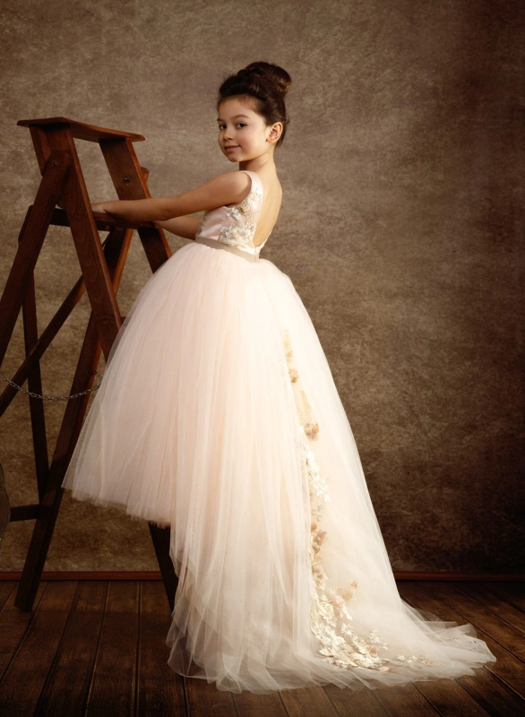 Light Champagne Tulle Fuffle Long Train Girls Pageant Dress