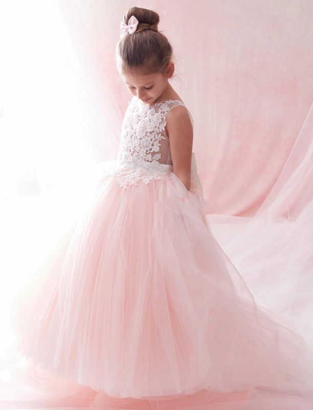 Blush Pink Lace Tulle Ruffle Girls Pageant Dress Girls Party Dress