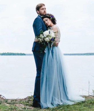 Grey Blue Ivory Lace Short Train Wedding Dress Bridal Gown