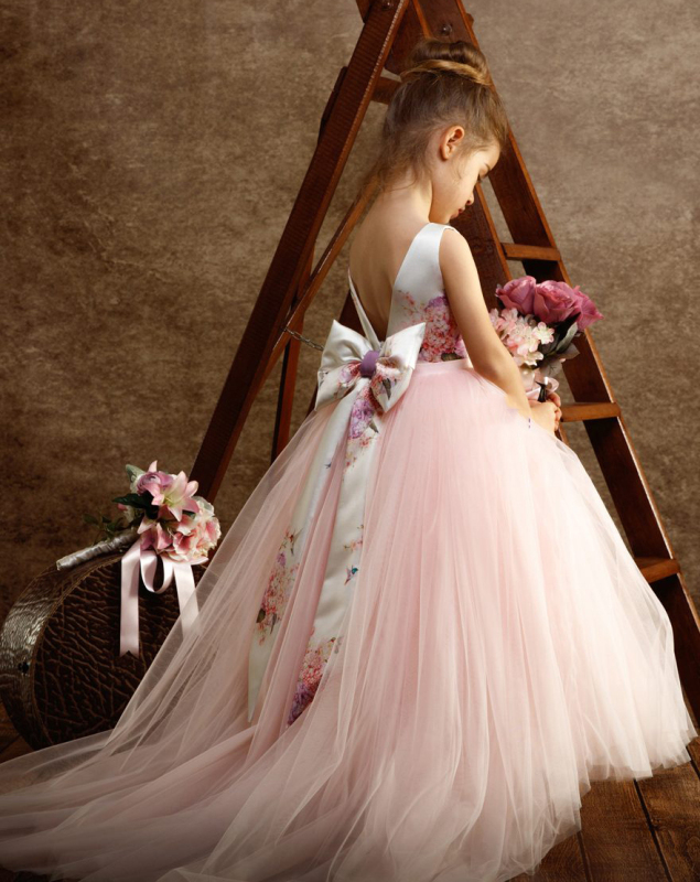 Light PInk Long Train Girls Pageant Dress Flower Girl Dress