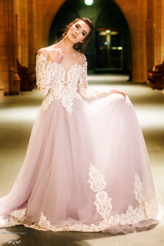 Mauve/Grey Blue  Long Train Wedding Dress Bridal Gown