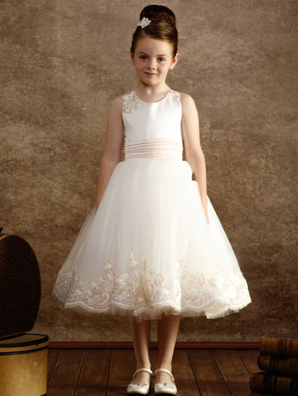 Ivory Tulle Tea Length Girls Pageant Dress Flower Girl Dress