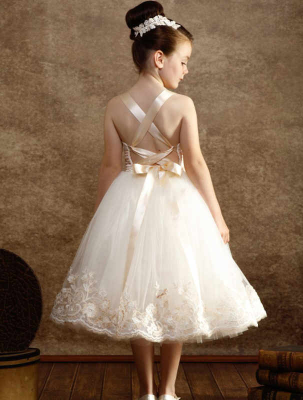 Ivory Tulle Tea Length Girls Pageant Dress Flower Girl Dress