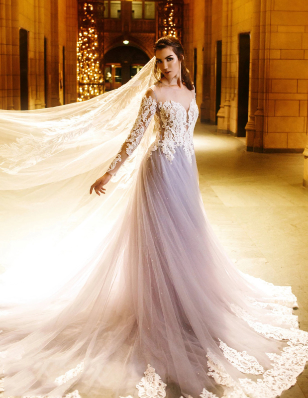Mauve/Grey Blue  Long Train Wedding Dress Bridal Gown