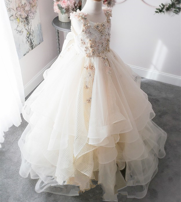Light Champagne Lace Tulle Pageant Girls Party Dress Flower Girl Dress