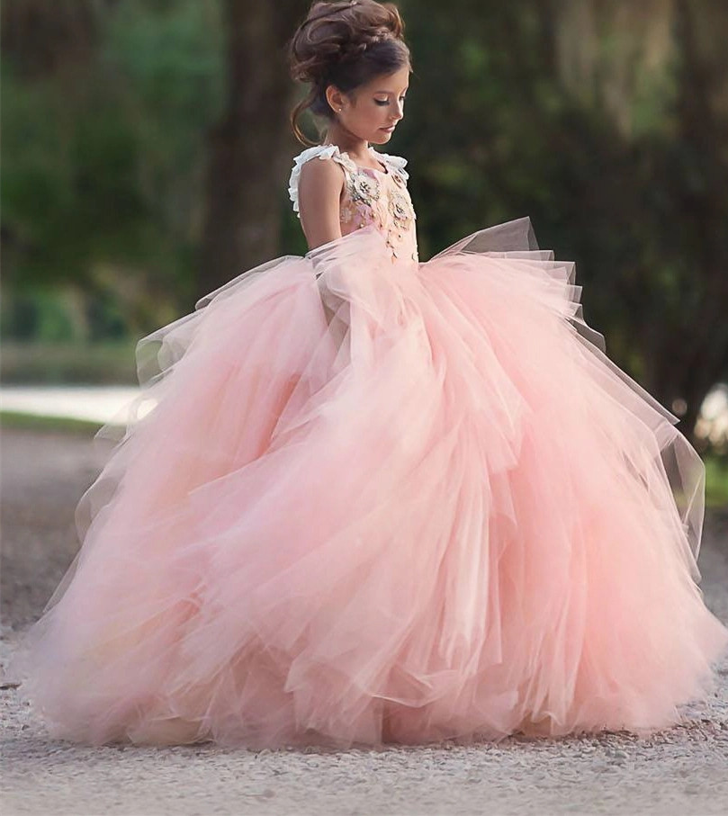 Pink Lace Tulle Pageant Girls Party Dress Flower Girl Dress