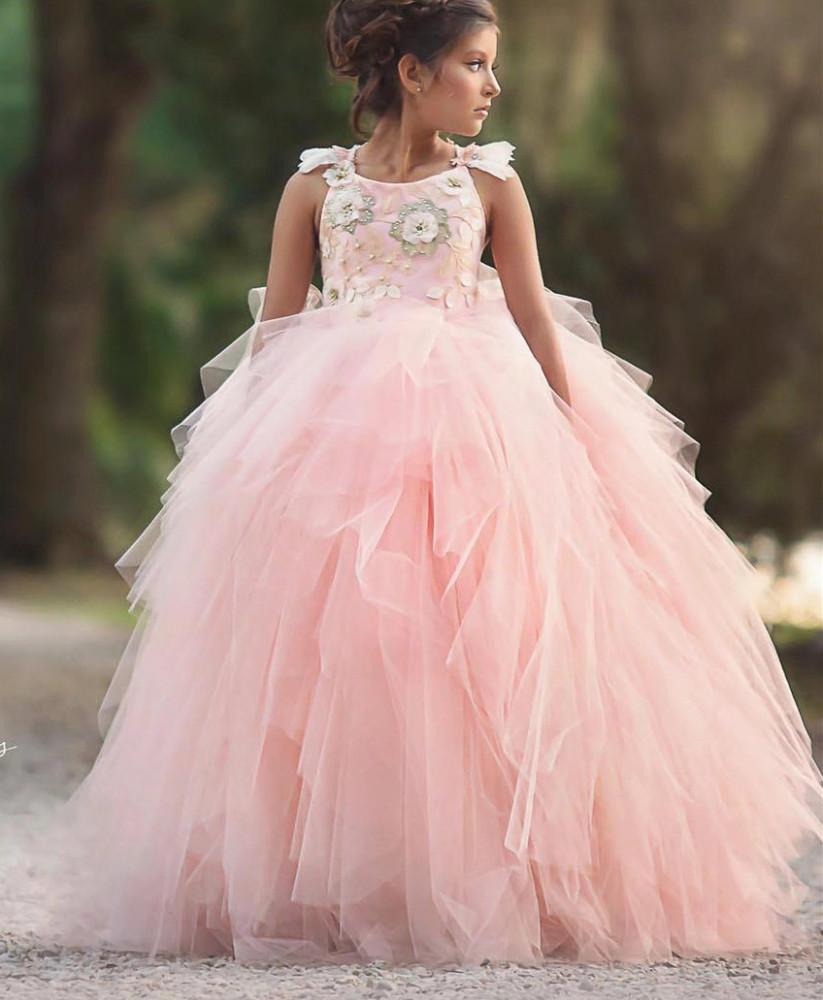 Pink Lace Tulle Pageant Girls Party Dress Flower Girl Dress