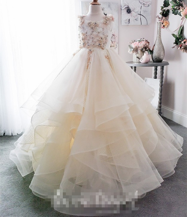 Light Champagne Lace Tulle Pageant Girls Party Dress Flower Girl Dress