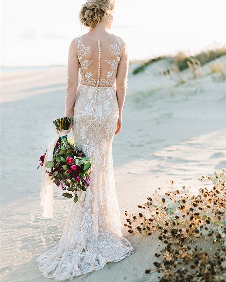 Long Sleeve Mermaid Lace Tulle Bridal Gown Wedding Dress