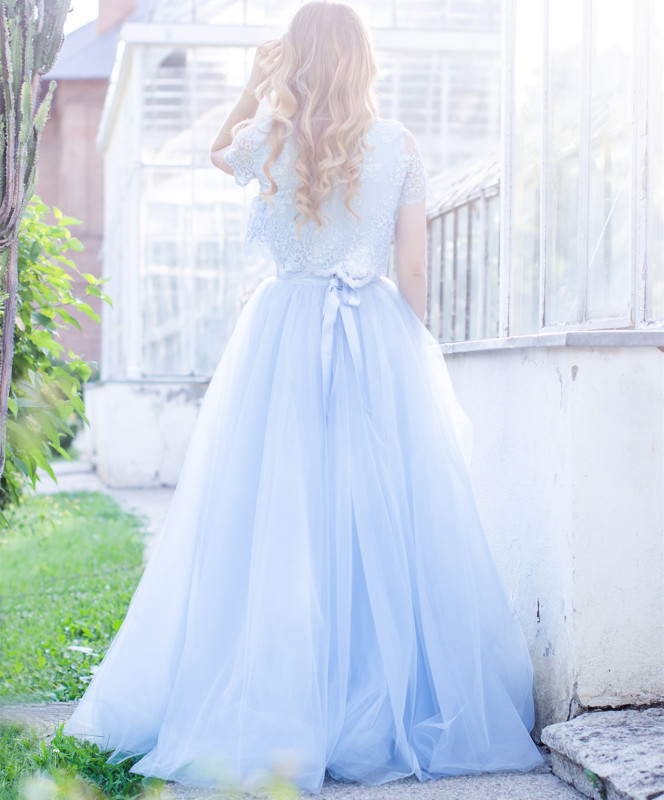 2 Pieces Blue Lace Tulle  Prom Dress Wedding Dress