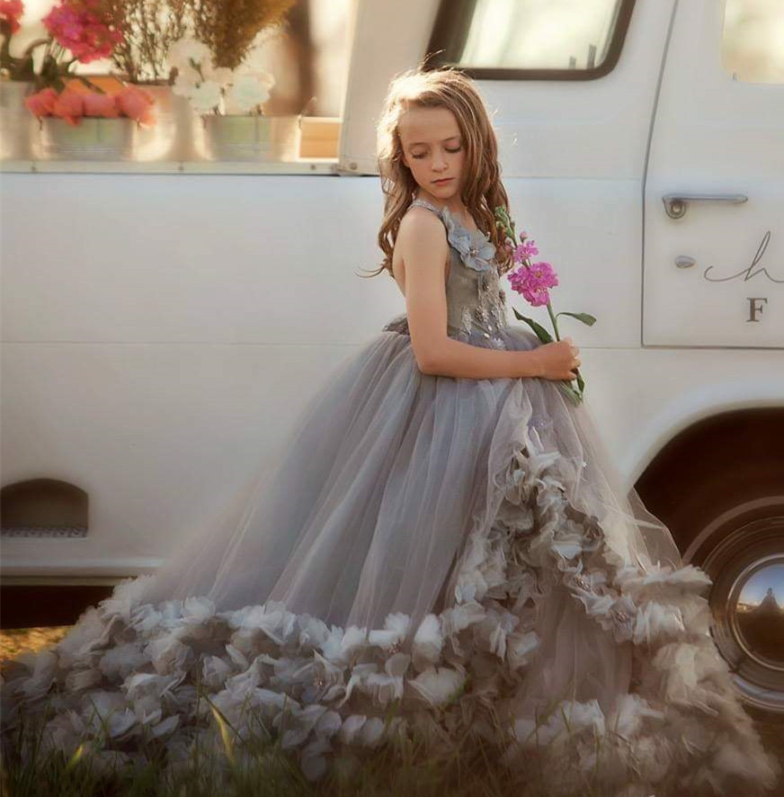 Grey Lace Tulle Pageant Girls Party Dress Flower Girl Dress