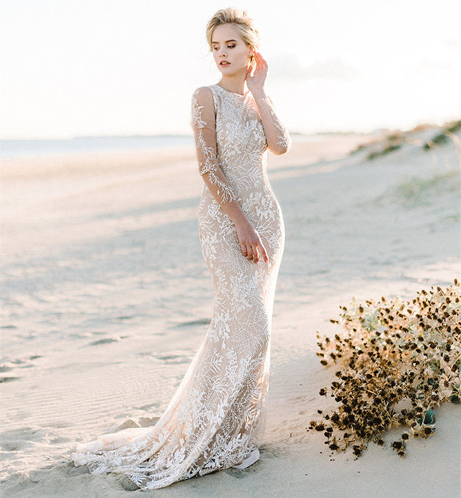 Long Sleeve Mermaid Lace Tulle Bridal Gown Wedding Dress