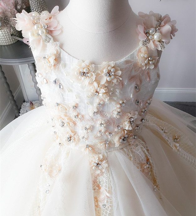 Light Champagne Lace Tulle Pageant Girls Party Dress Flower Girl Dress