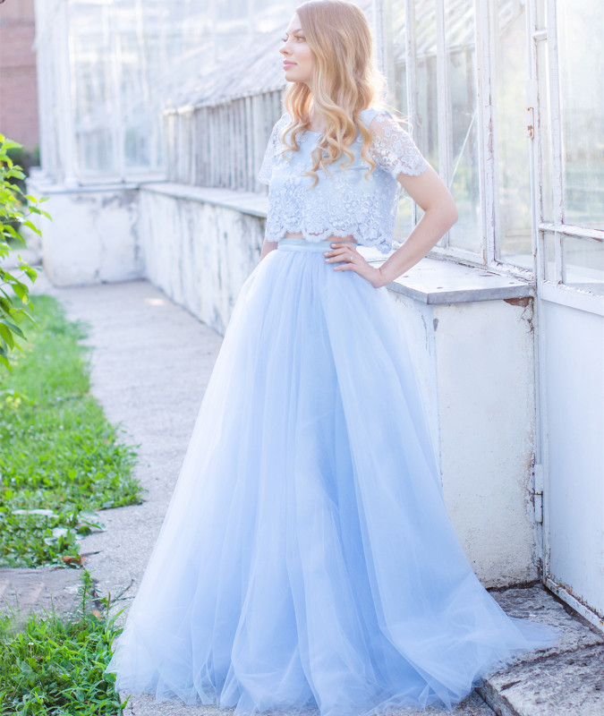 2 Pieces Blue Lace Tulle  Prom Dress Wedding Dress