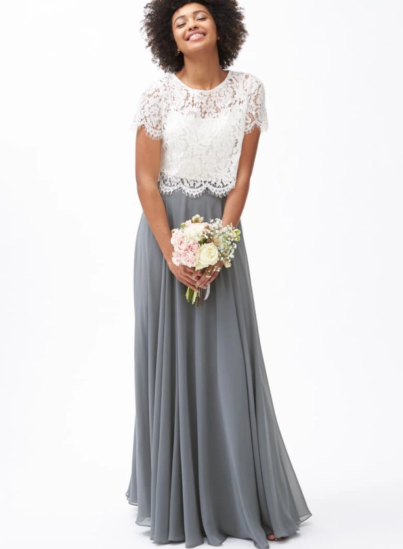 Grey Chiffon Wedding Skirt Ivory Lace Maxi 2 Pieces Dress