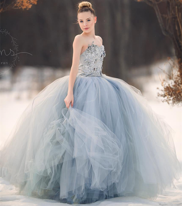 Grey Blue Full Length Bridal Gown Wedding Dress