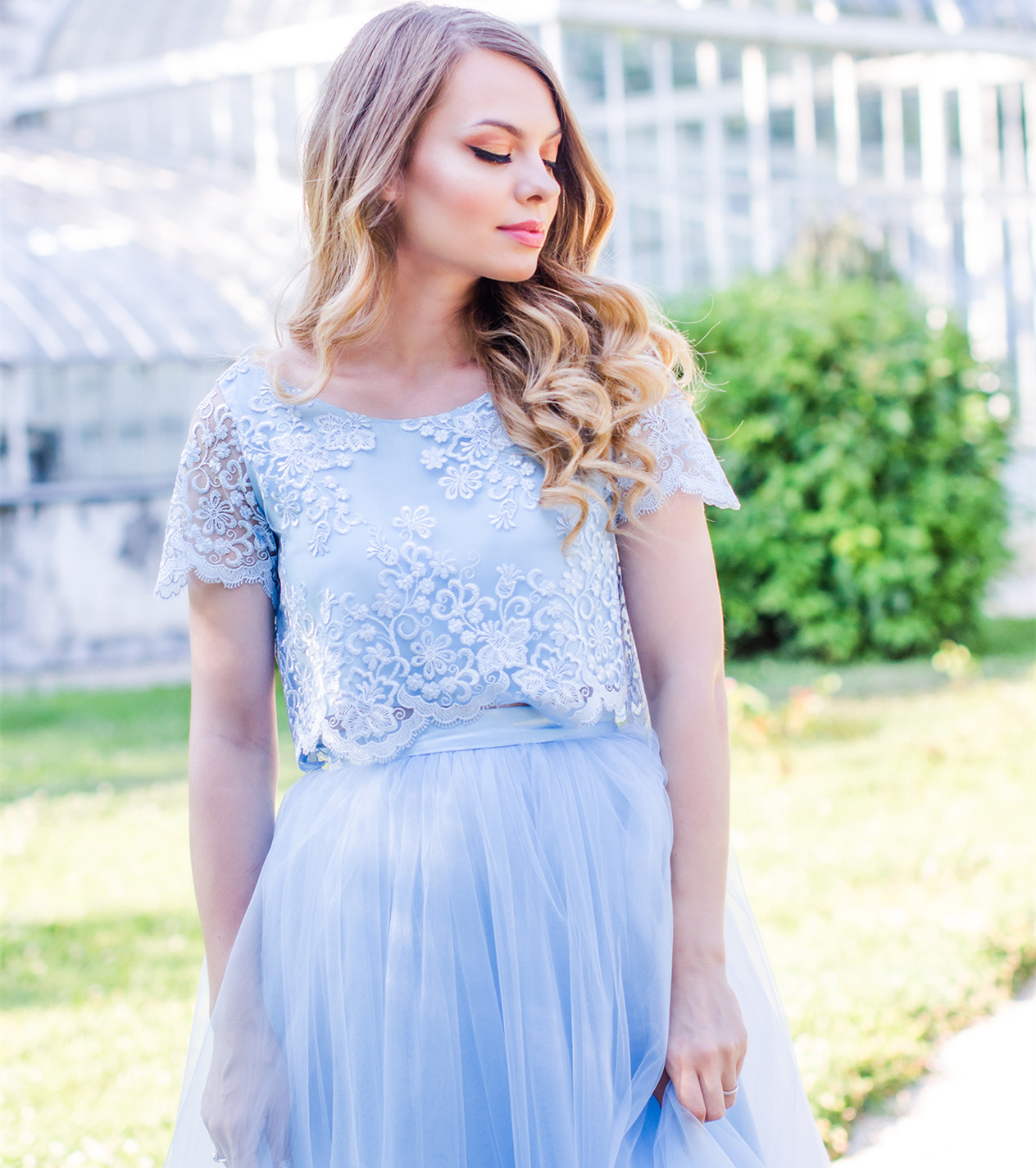2 Pieces Blue Lace Tulle  Prom Dress Wedding Dress