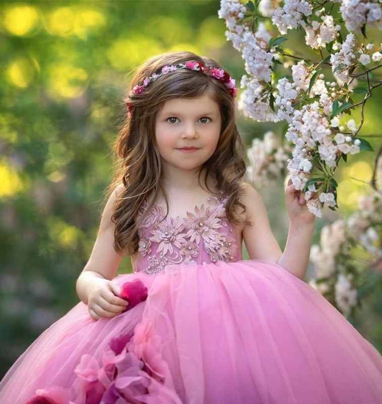 Rose Pink Lace Tulle Pageant Girls Party Dress Flower Girl Dress
